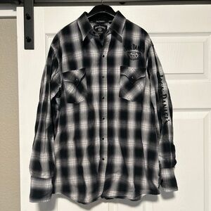 Jack Daniels Western Shirt Mens Large Black Plaid Pearl Snap Embroidered Logo